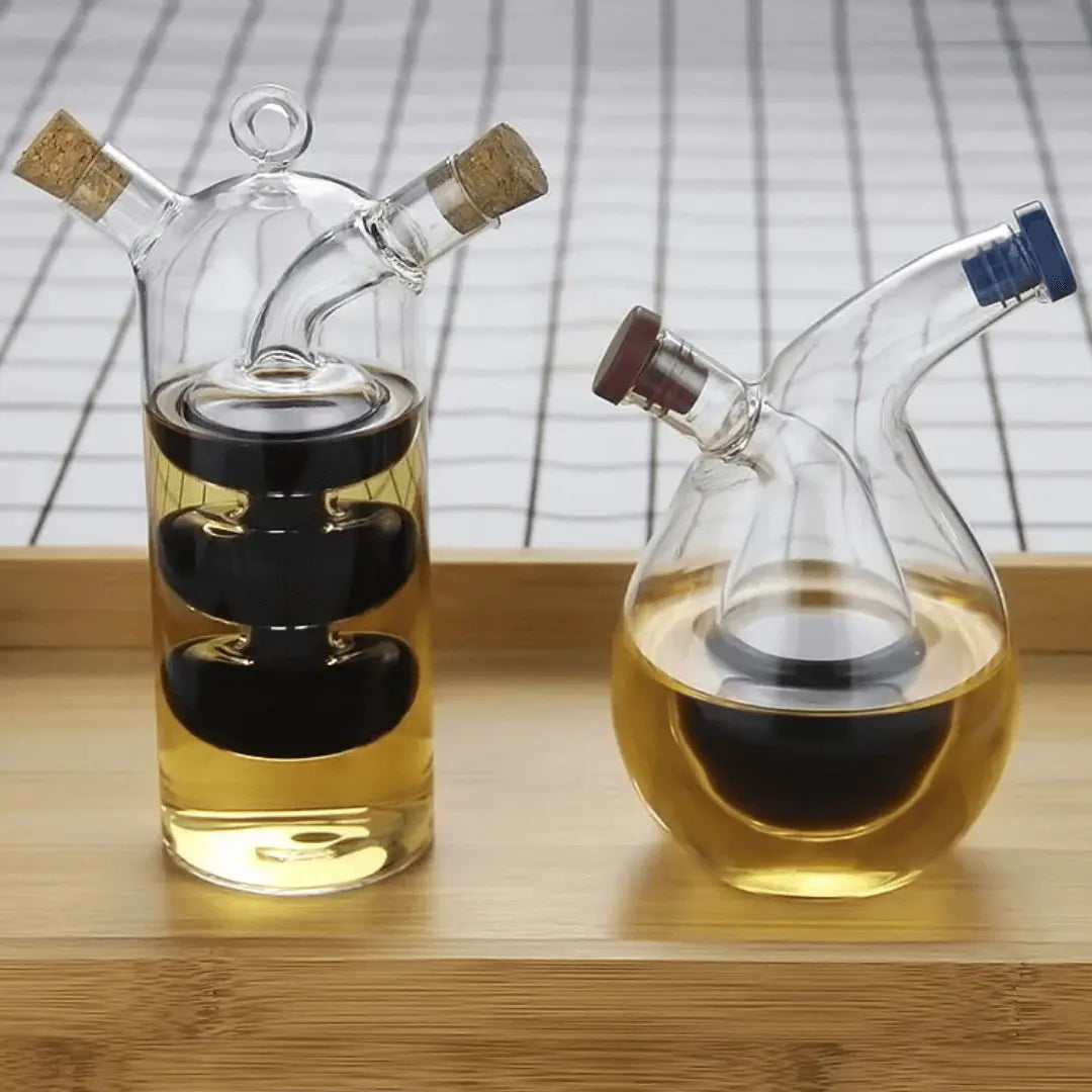 Space-saving dual oil & vinegar dispenser for kitchen. Glass cruet for precise seasoning and culinary use.