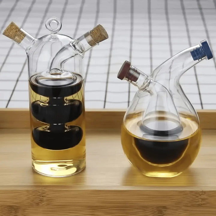 Space-saving dual oil & vinegar dispenser for kitchen. Glass cruet for precise seasoning and culinary use.