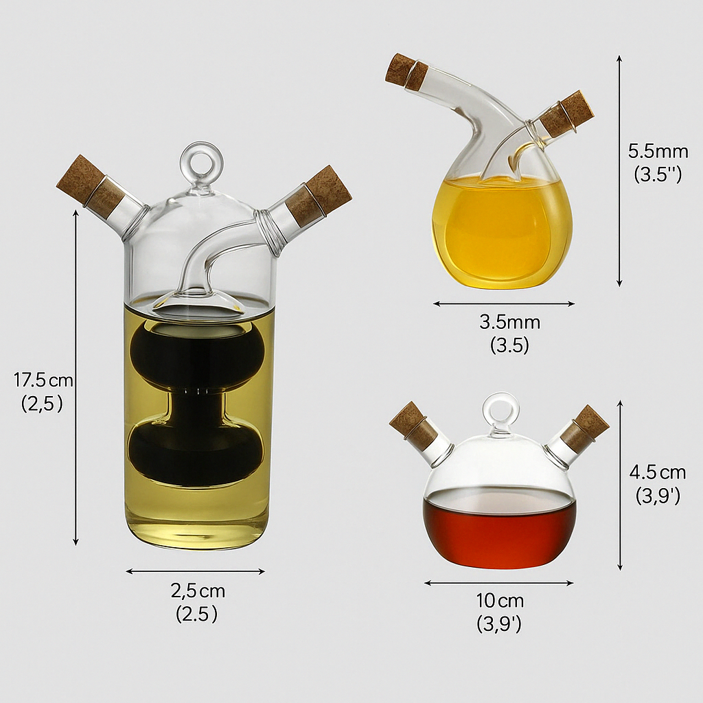 Dual pour oil & vinegar dispenser. Modern glass cruet for kitchen cooking, seasoning, and convenient culinary use.