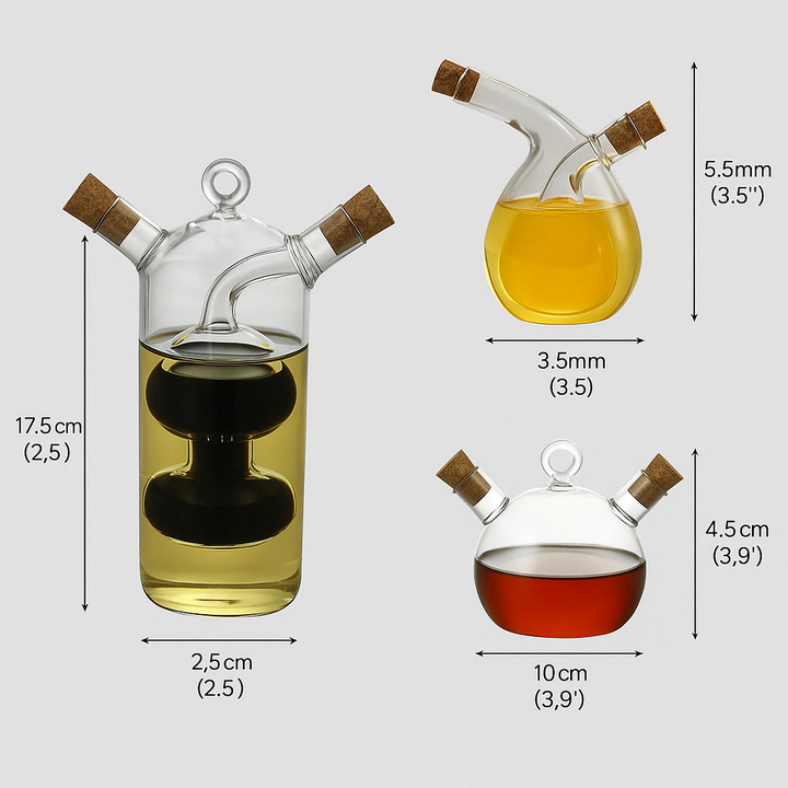 Dual pour oil & vinegar dispenser. Modern glass cruet for kitchen cooking, seasoning, and convenient culinary use.