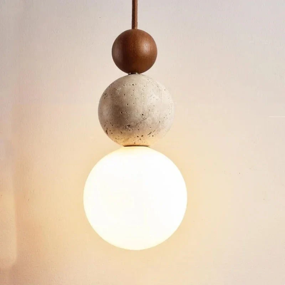 Modern elegant pendant light, travertine & mahogany, ideal for contemporary home decor.