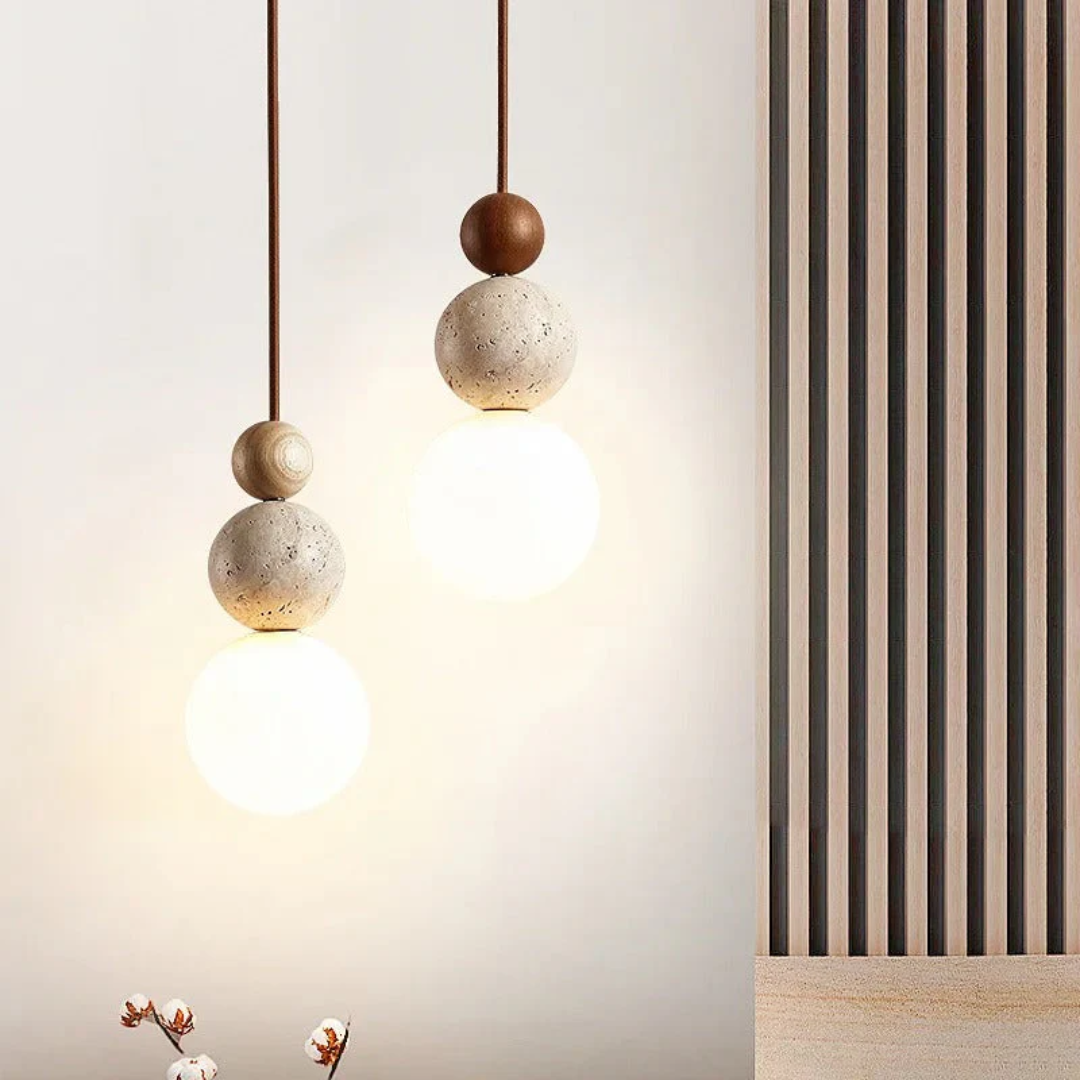 Elegant modern ceiling light, natural wood & stone texture for sophisticated contemporary ambient lighting.
