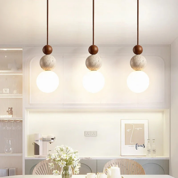 NaturaLuxe modern lighting fixture, exquisite travertine & mahogany, a stunning contemporary hanging lamp.
