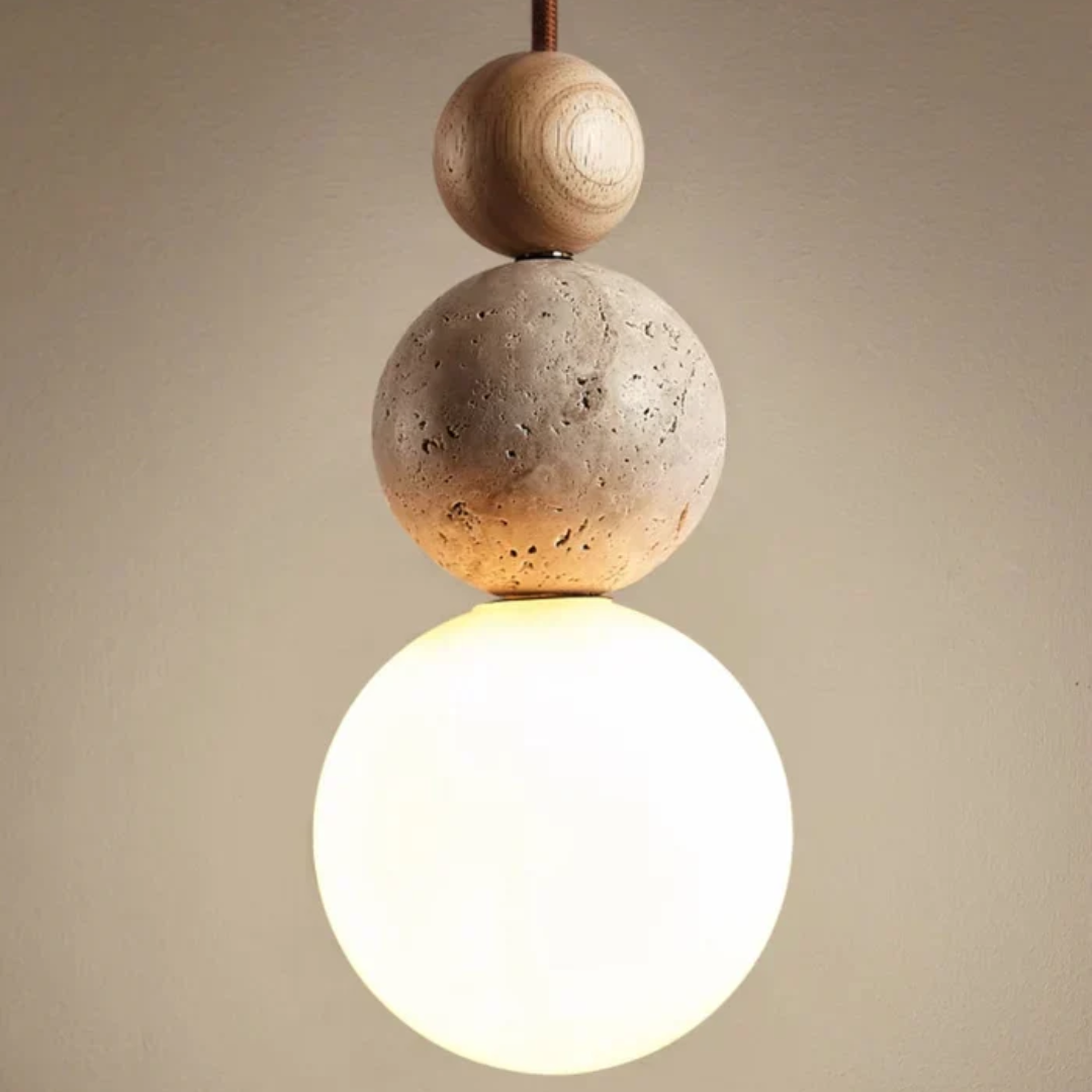 Travertine & mahogany modern hanging light, adds natural elegance to contemporary interior design.