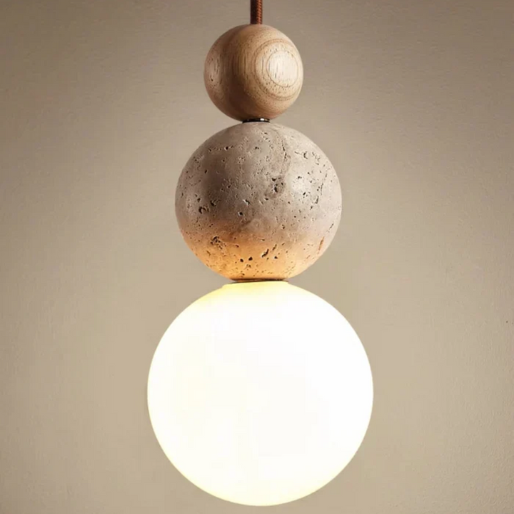 Travertine & mahogany modern hanging light, adds natural elegance to contemporary interior design.
