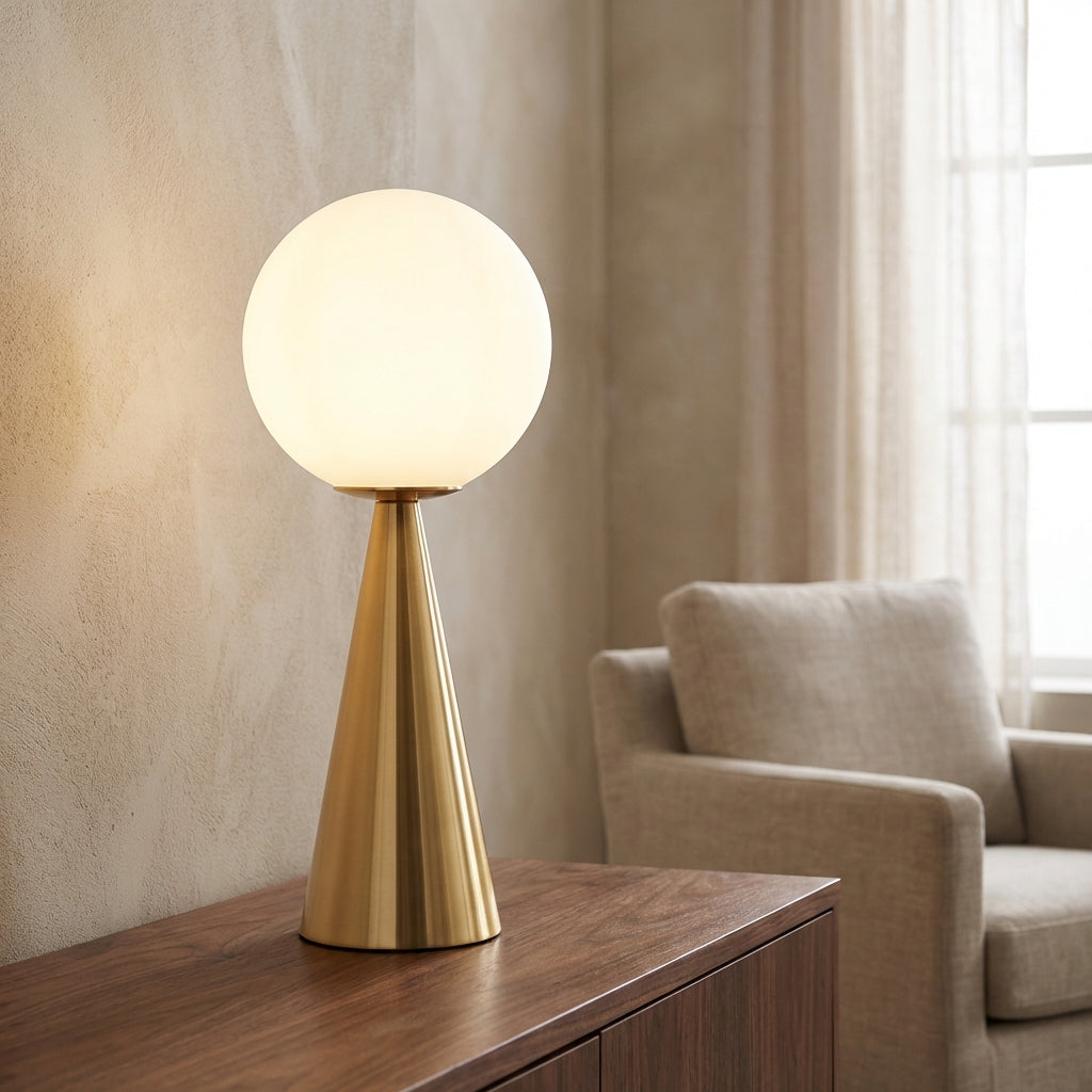 Modern Ellarvo cone base table lamp with frosted glass shade, ideal for minimalist desk lighting