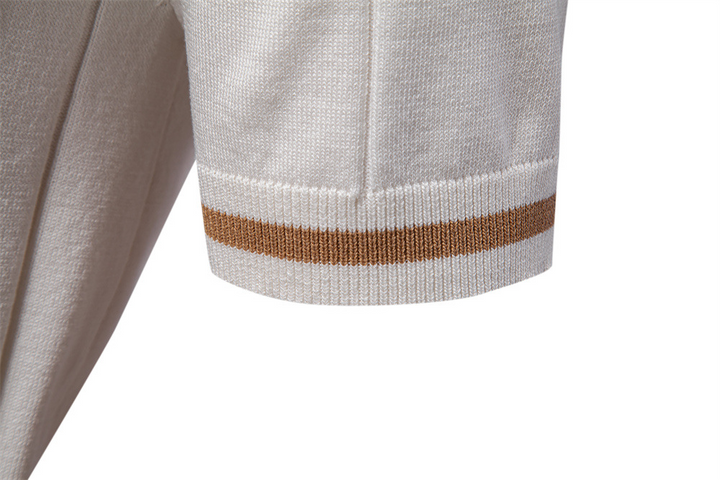 Man enjoying summer in a stylish men's modern fit ribbed polo shirt with short sleeves.