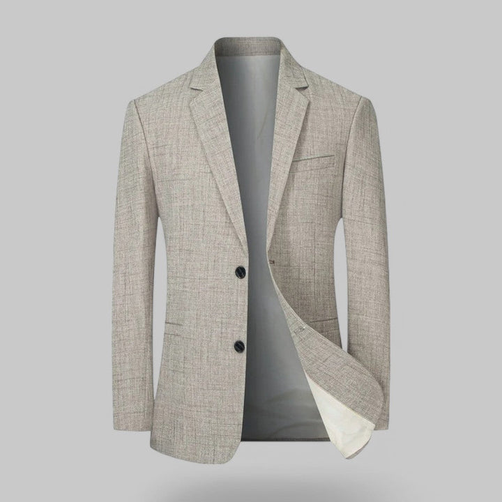 Grey single-breasted men's modern fit blazer, ideal for business casual and all-season style.