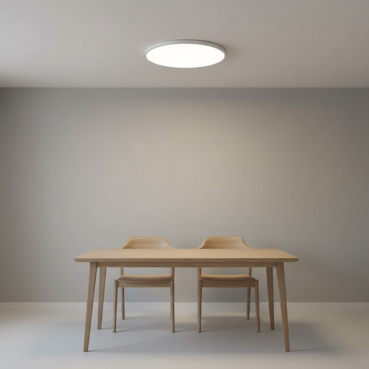Modern flat LED ceiling light for minimalist home decor. Sleek, energy-efficient AuraSphere fixture.