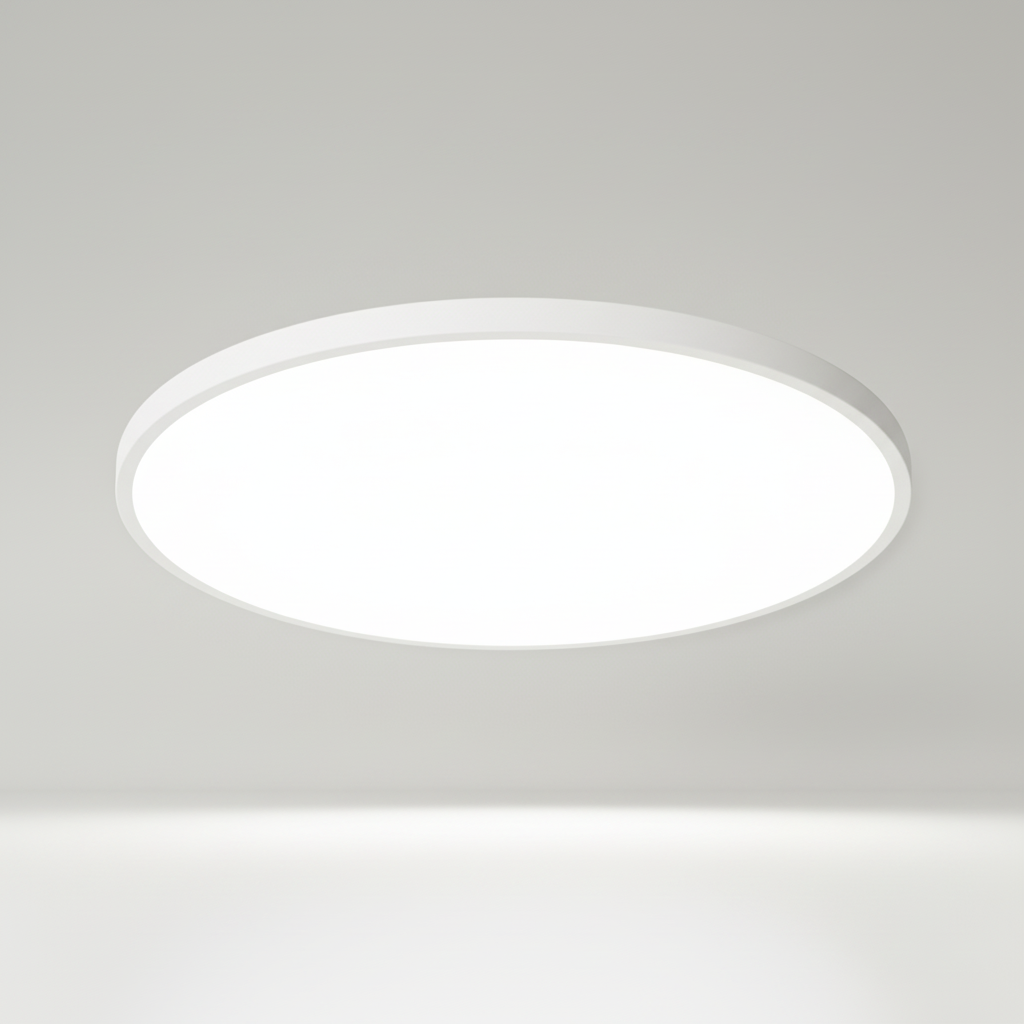 Contemporary LED ceiling light, ideal for living room or bedroom. Flat, minimalist design with soft aura light.