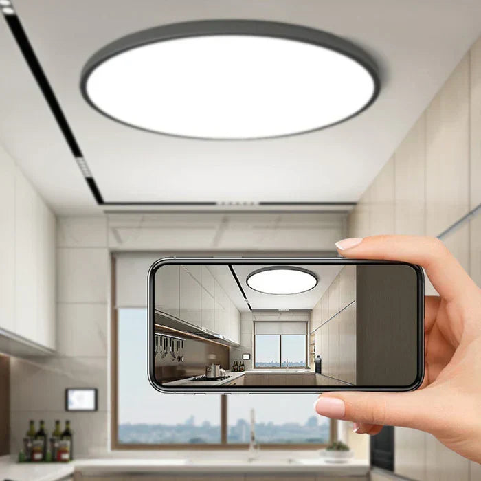 AuraSphere flat LED ceiling light. Modern, minimalist interior lamp for a contemporary living space.