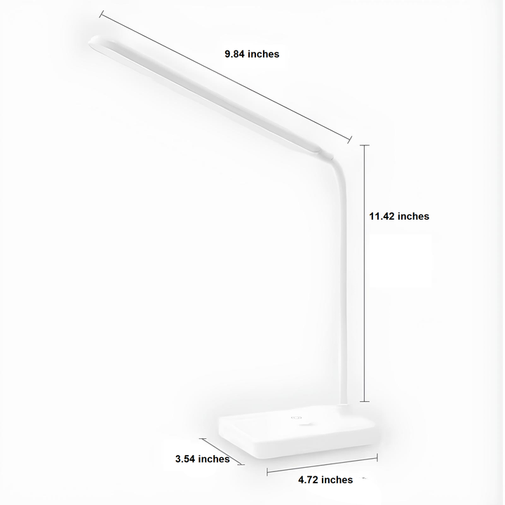 Flexible LED desk lamp illuminating a home office workspace. Dimmable light, perfect for focused task lighting.
