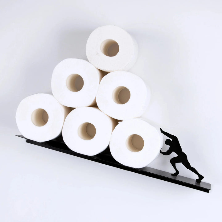 Modern freestanding toilet paper holder with top storage shelf. Perfect for bathroom organization.