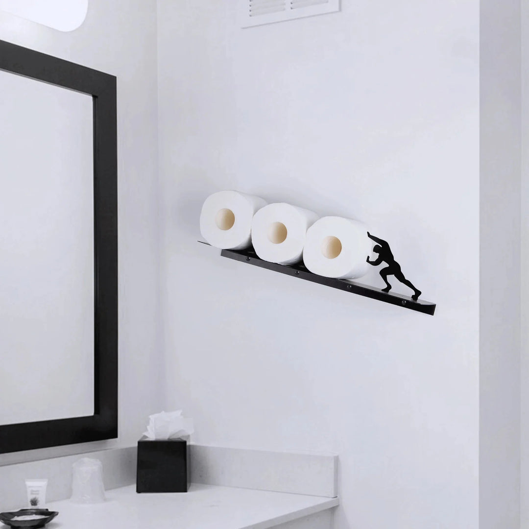 Stylish metal toilet paper holder & storage shelf, ideal for contemporary bathroom decor & organization.