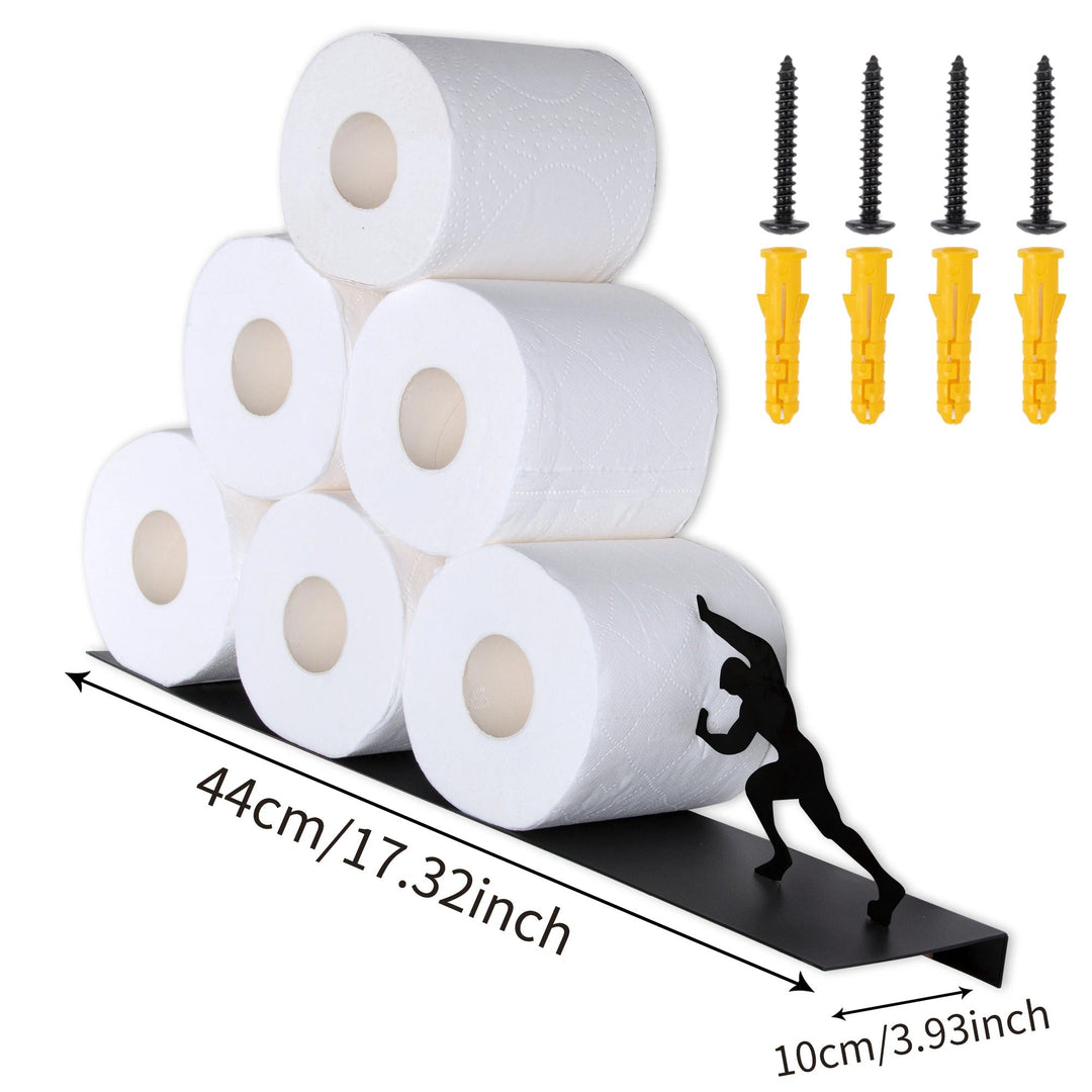 Industrial chic iron toilet paper holder & storage shelf. Enhances bathroom decor & provides organization.