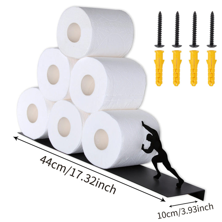 Industrial chic iron toilet paper holder & storage shelf. Enhances bathroom decor & provides organization.