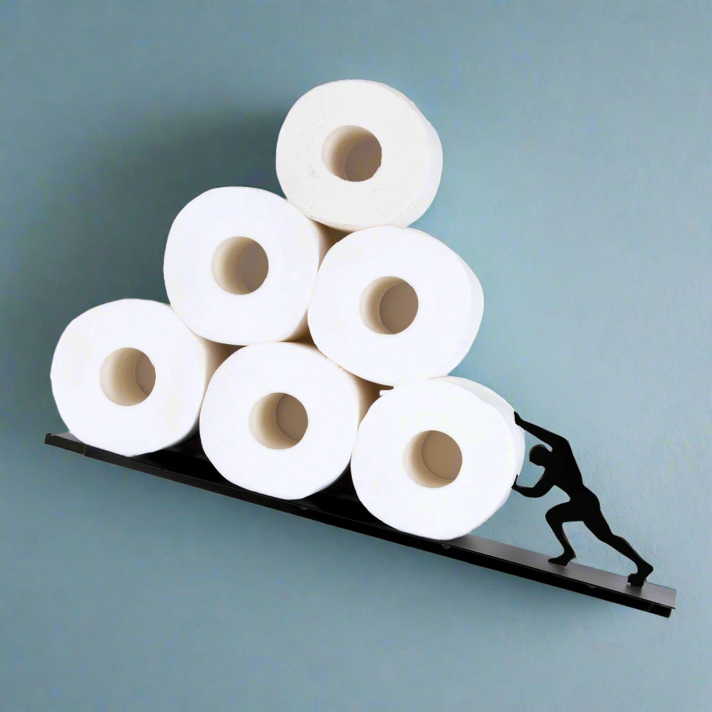 Versatile modern toilet paper storage tower with a convenient top shelf for accessories & personal items.