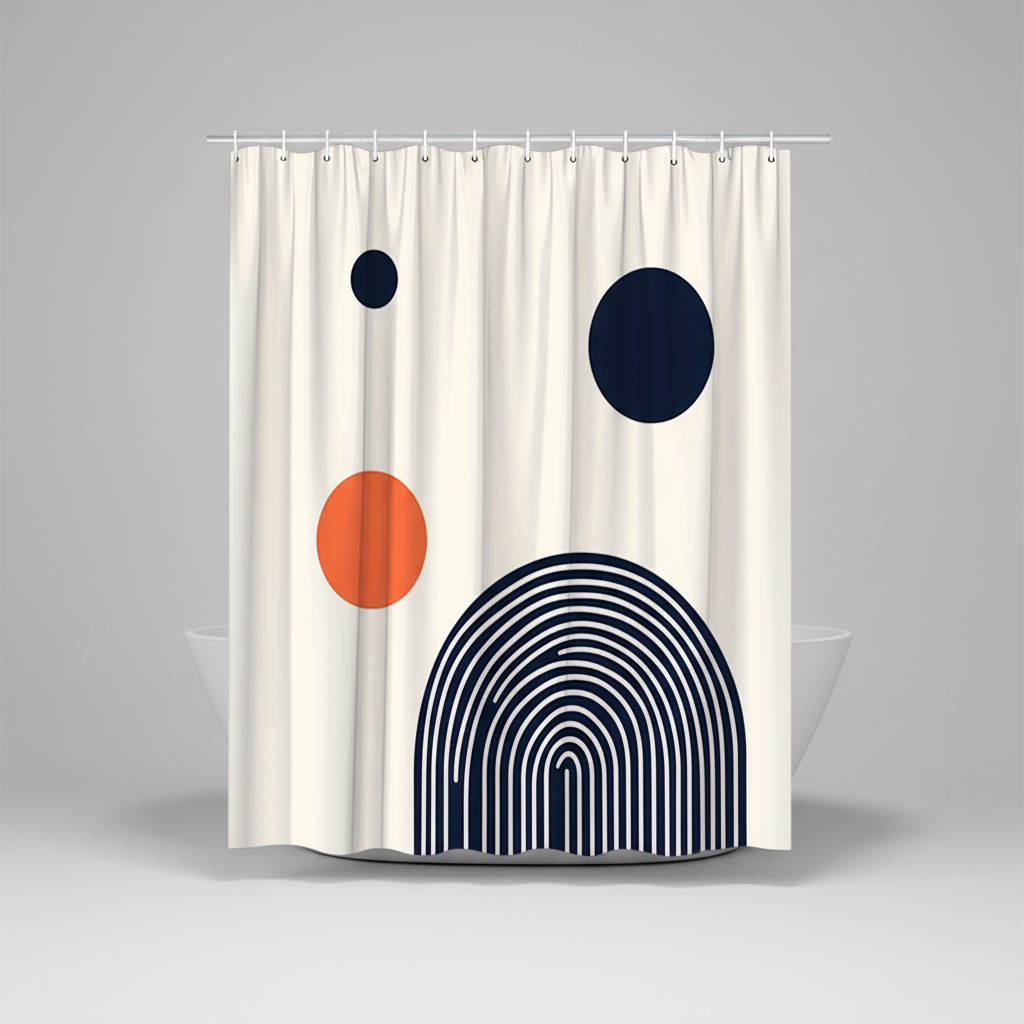 Circlify geometric shower curtain with black and orange circles, modern bathroom polyester decor