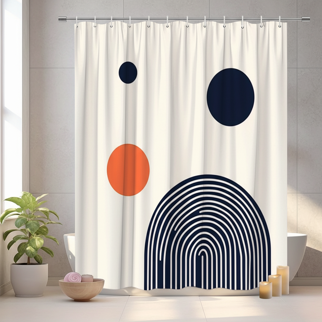 Modern geometric black and orange shower curtain with circular patterns, perfect for contemporary bathroom decor