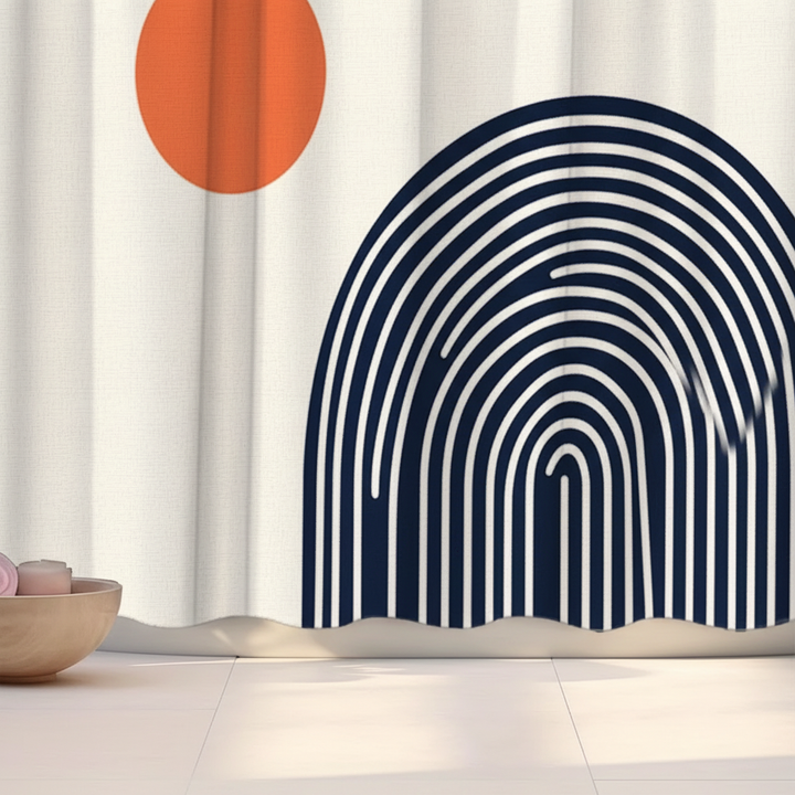 Elegant geometric shower curtain featuring a black and orange circle pattern, enhancing modern home decor