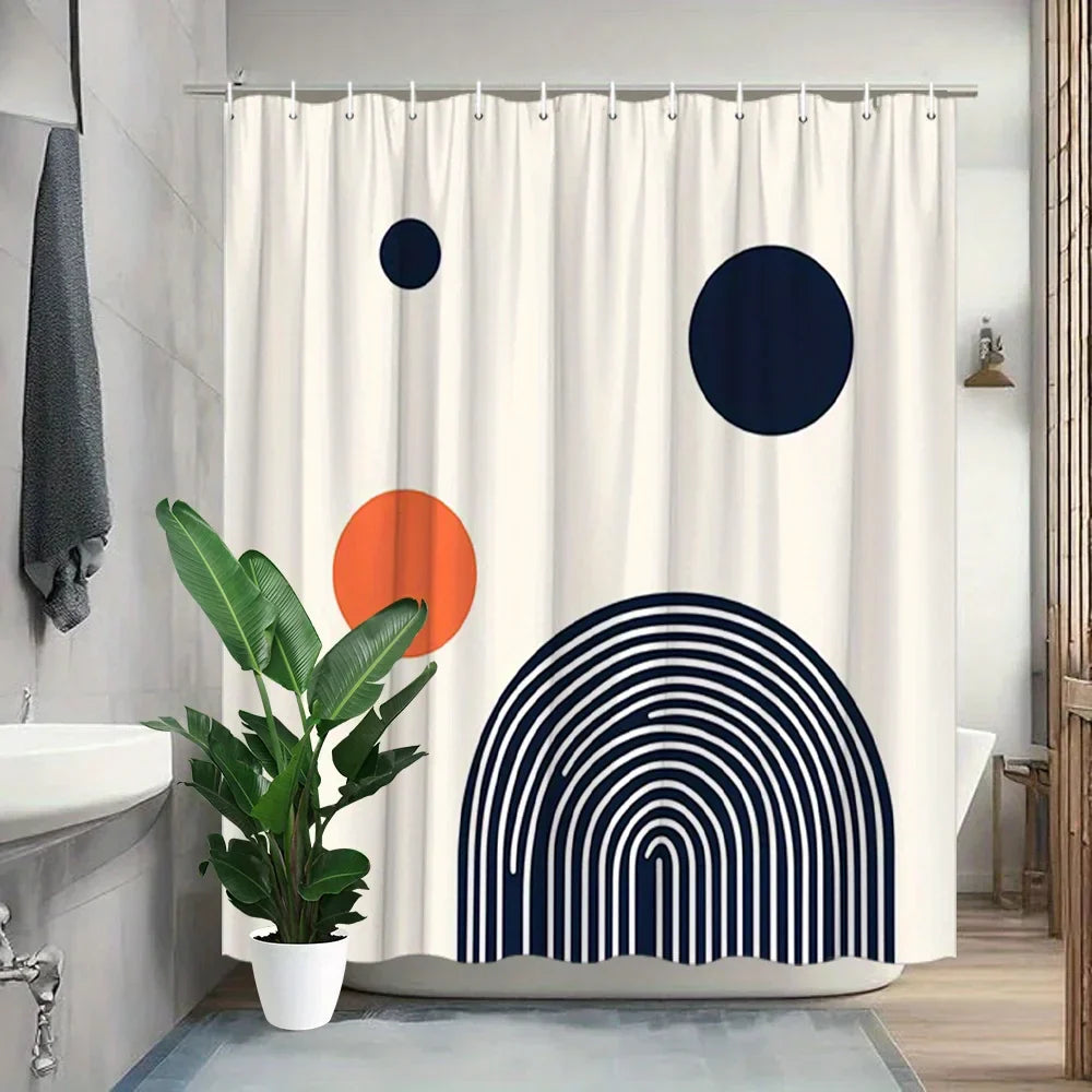 Close-up of a contemporary geometric shower curtain in black and orange, made from durable polyester material