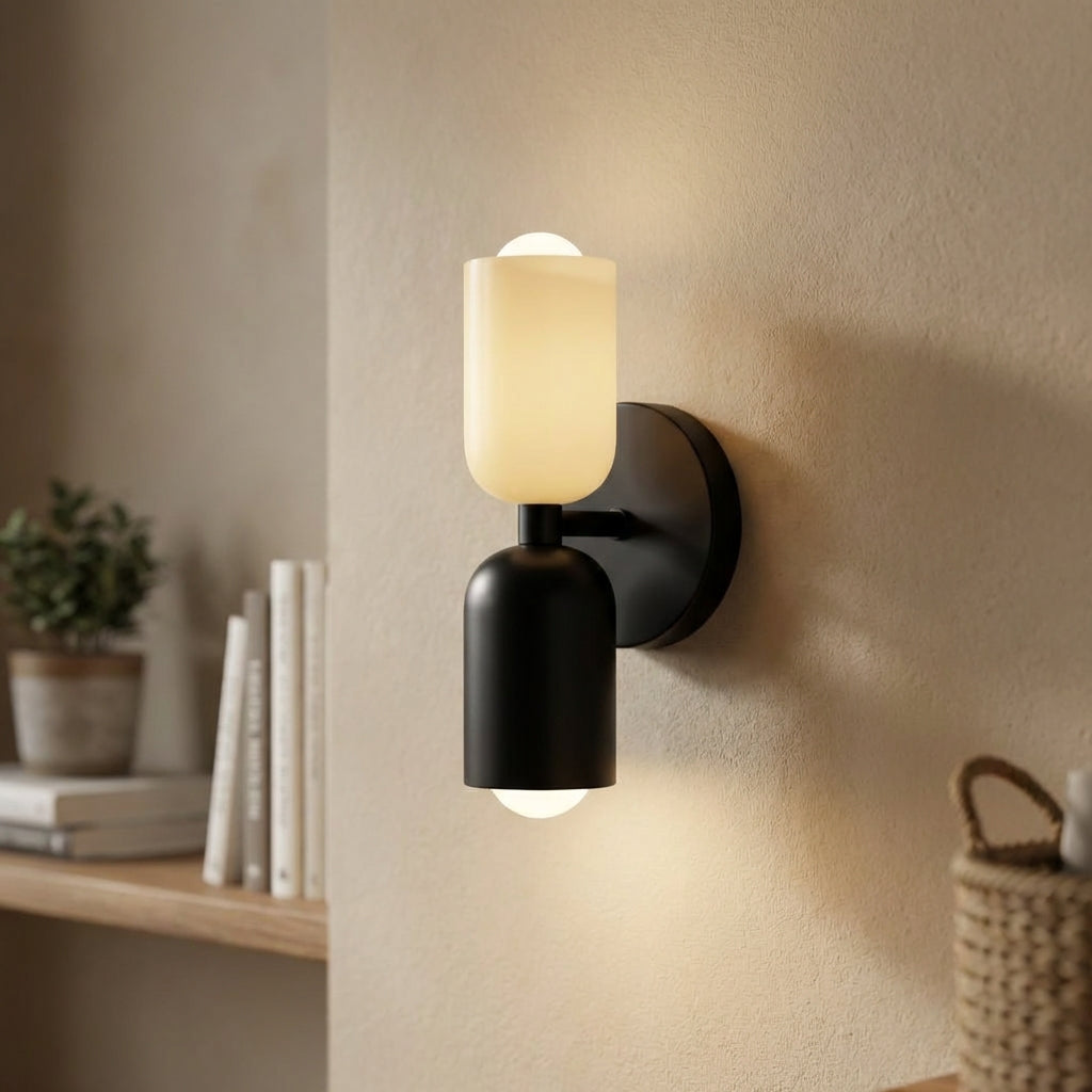 Modern geometric wall sconce with dual-tone shade, ideal for ambient bedroom lighting