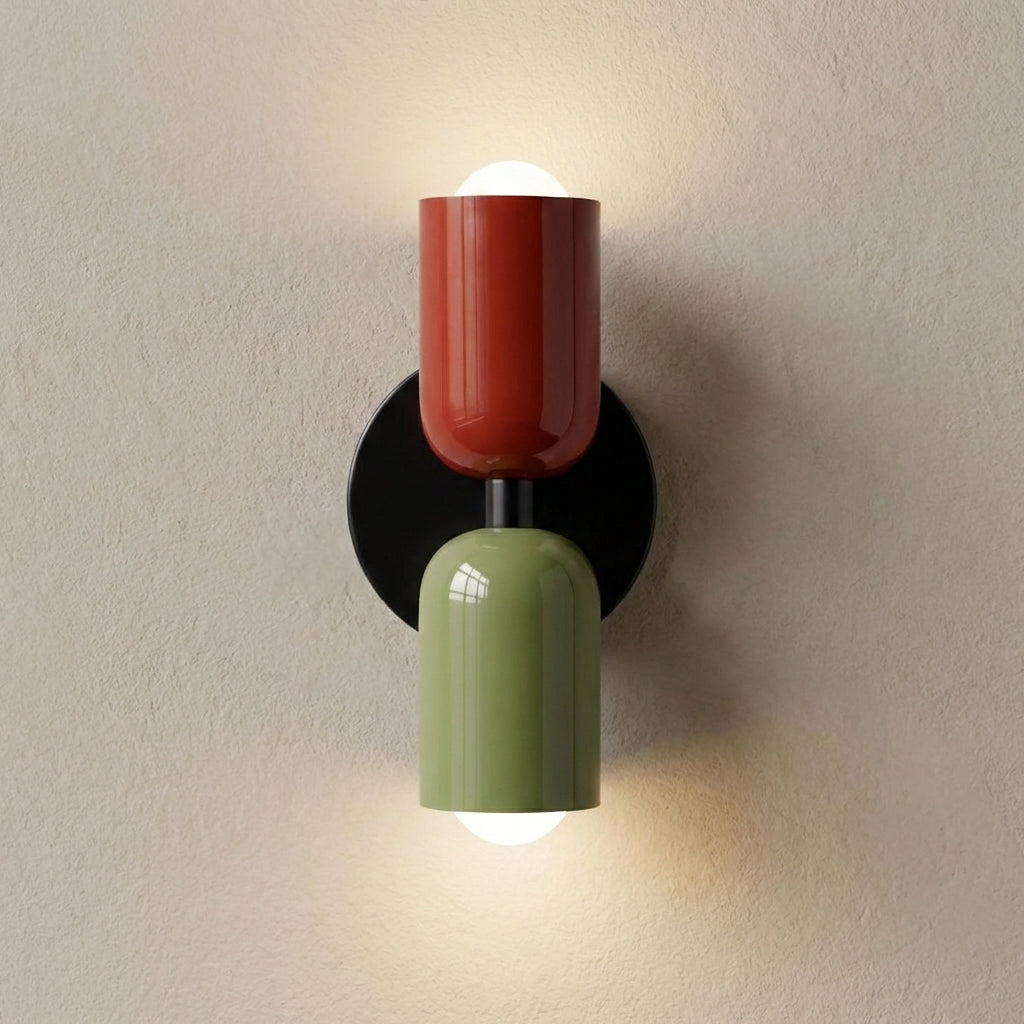 Contemporary hardwired wall sconce with geometric lines and a distinctive dual-tone shade