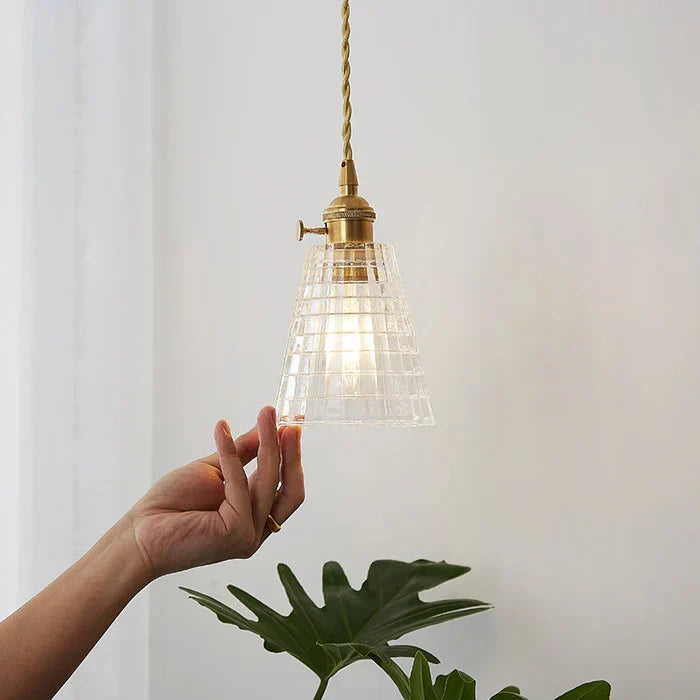 Contemporary modern glass pendant lamp, elegant transparent hanging light for dining.