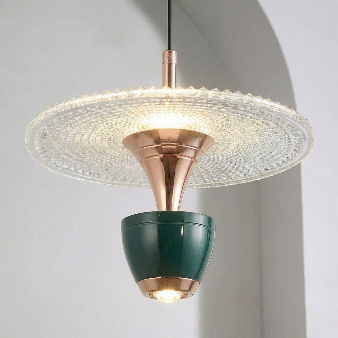 Modern pendant light for inviting ambiance. Glissara ceiling fixture provides soft, decorative indoor lighting.