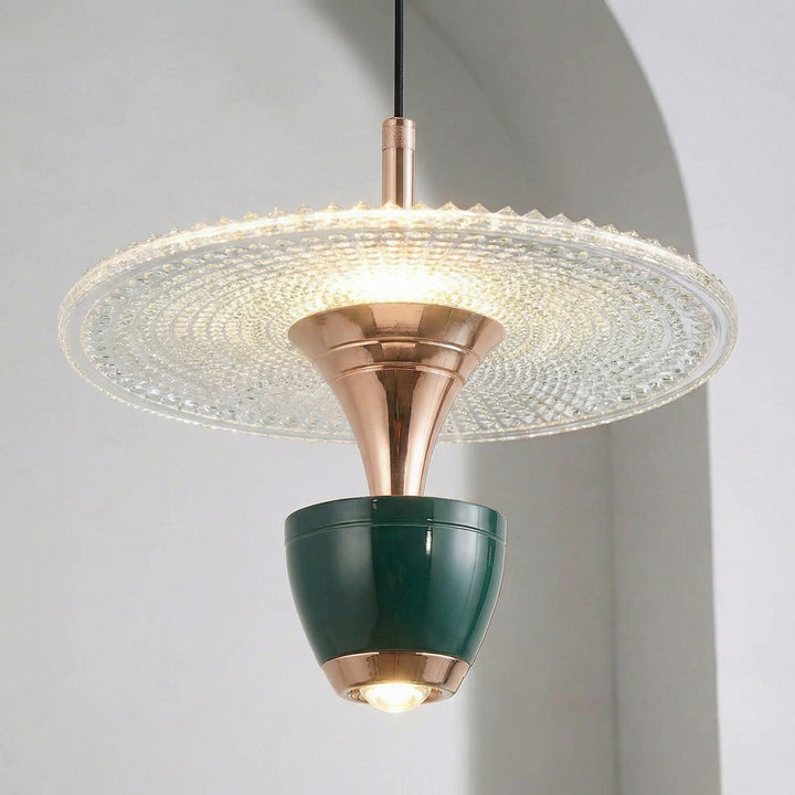 Modern pendant light for inviting ambiance. Glissara ceiling fixture provides soft, decorative indoor lighting.