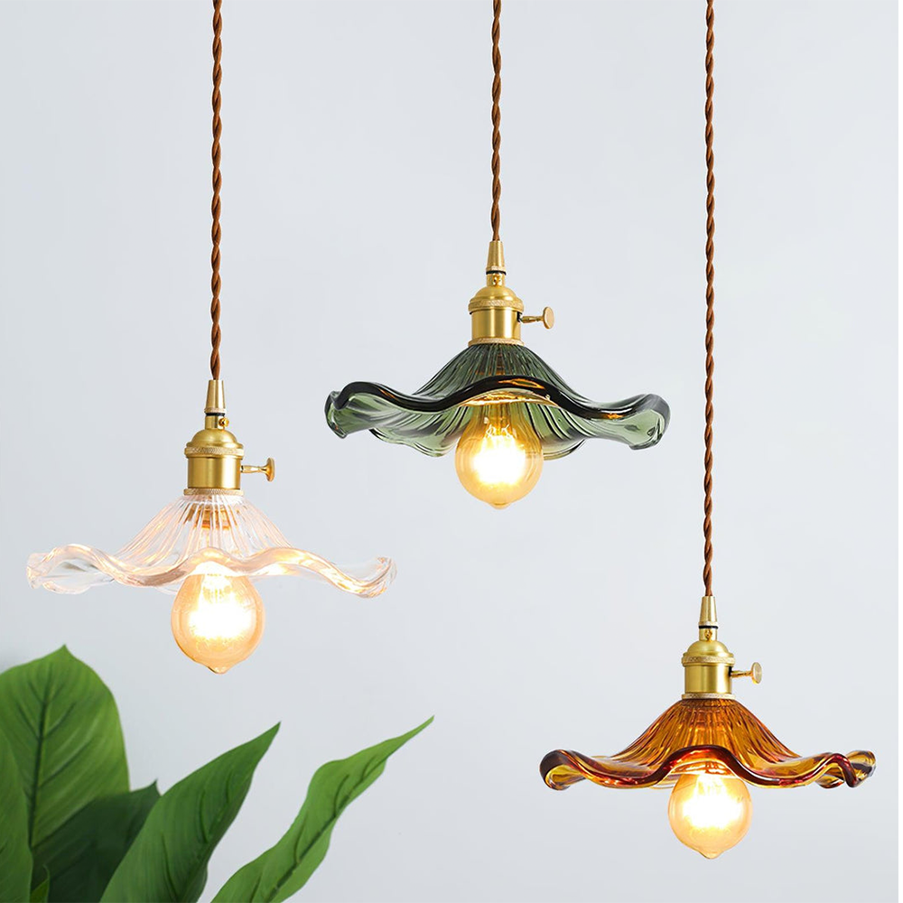 Modern hibiscus flower pendant lamp, elegant glass & brass ceiling light for home decor.