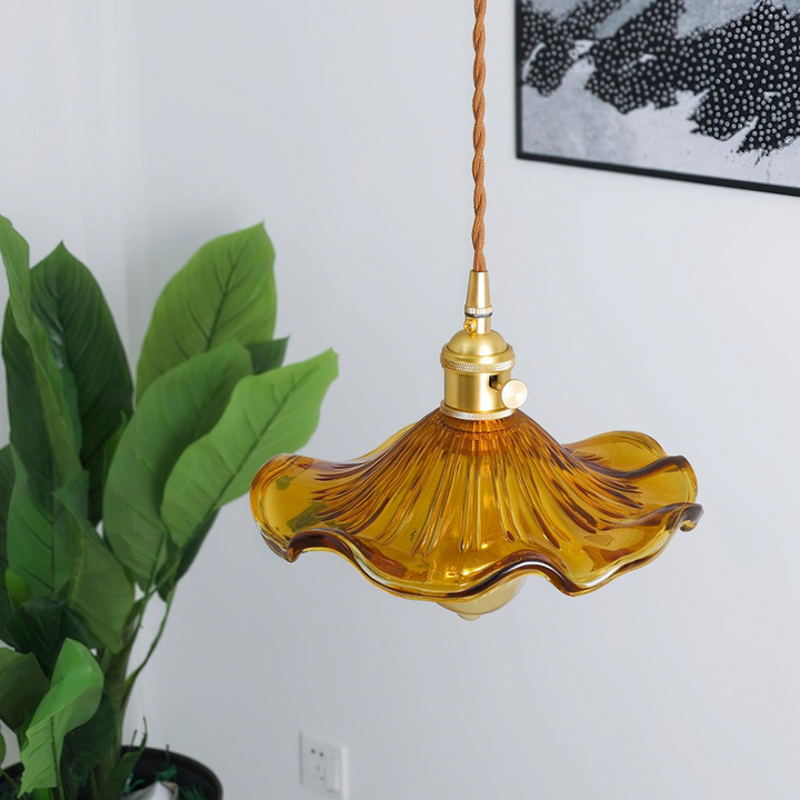 Modern home lighting: Hibiscus flower pendant lamp, a glass and brass ceiling light fixture.