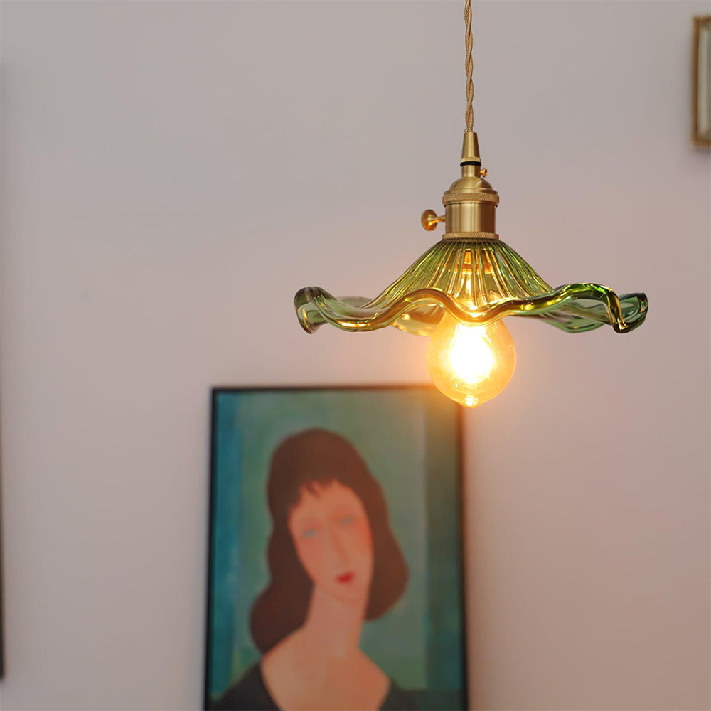 Brass & glass hibiscus flower ceiling light, a decorative modern pendant lamp for home lighting.