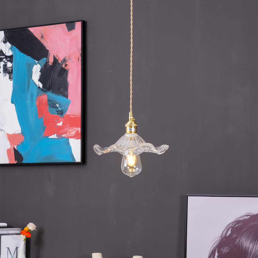 Contemporary hibiscus ceiling light, a unique glass & brass flower lamp for stylish interiors.