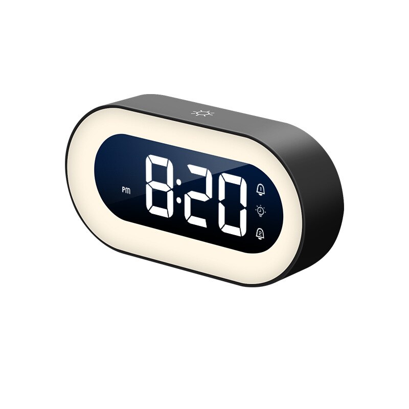 Modern home digital alarm clock with dimmable night light. Clear display, ideal for bedside.