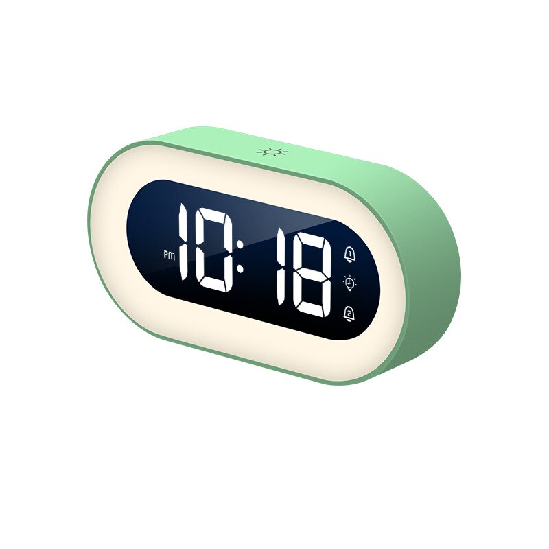 Digital alarm clock with adjustable night light, soothing sounds, and sleep aid features.