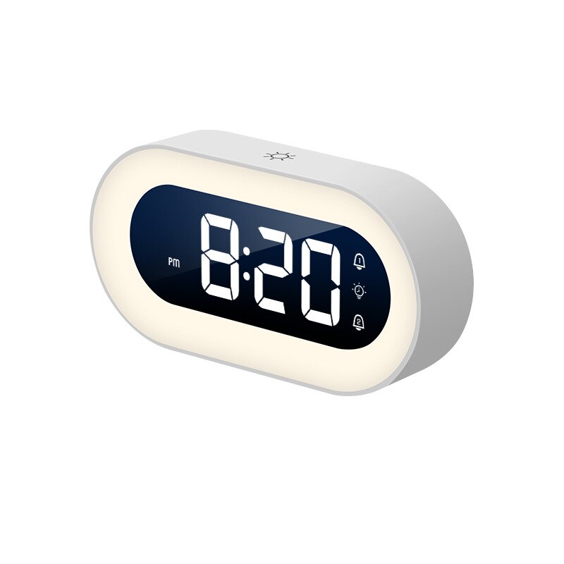 Portable USB-C digital alarm clock with dimmable LED night light for home or travel.