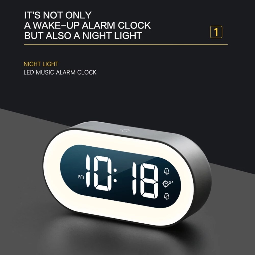 Stylish bedside digital alarm clock with dimmable night light, enhancing any home decor.