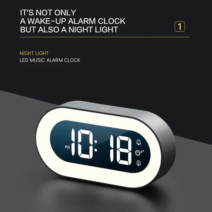 Stylish bedside digital alarm clock with dimmable night light, enhancing any home decor.