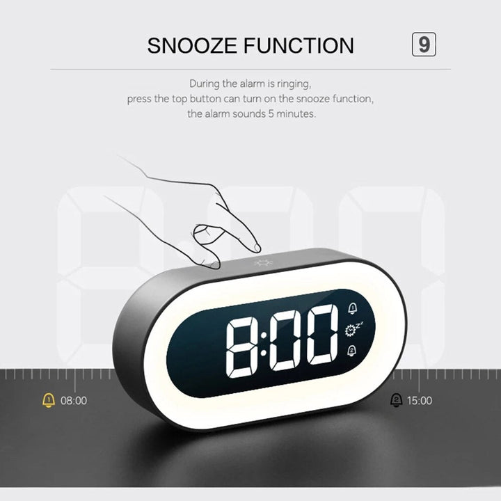 Sleek digital alarm clock featuring a dimmable night light and easy-to-read display.