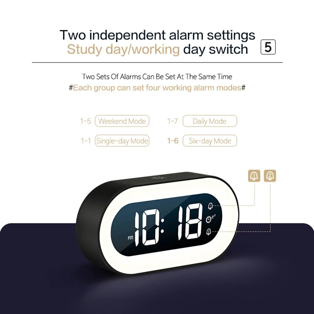 Modern digital alarm clock, dimmable night light. Perfect for creating a calm bedroom ambiance.