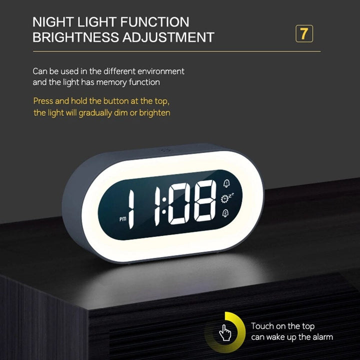 Compact digital alarm clock with integrated dimmable night light and various sleep sounds.