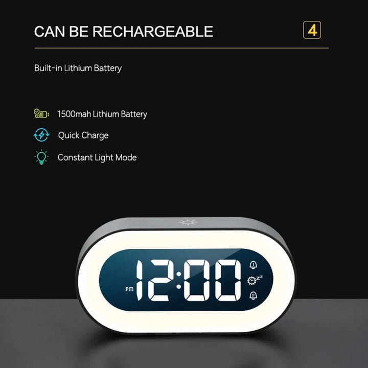 Home digital alarm clock with dimmable night light. A functional and modern bedside accessory.