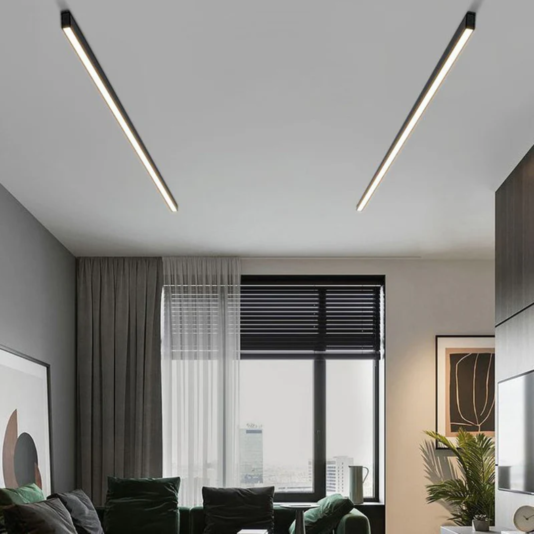 Modern industrial linear LED ceiling light, Stratum, perfect for contemporary home decor.