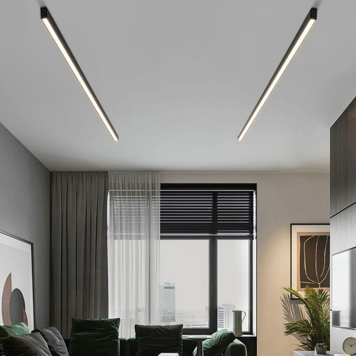 Modern industrial linear LED ceiling light, Stratum, perfect for contemporary home decor.