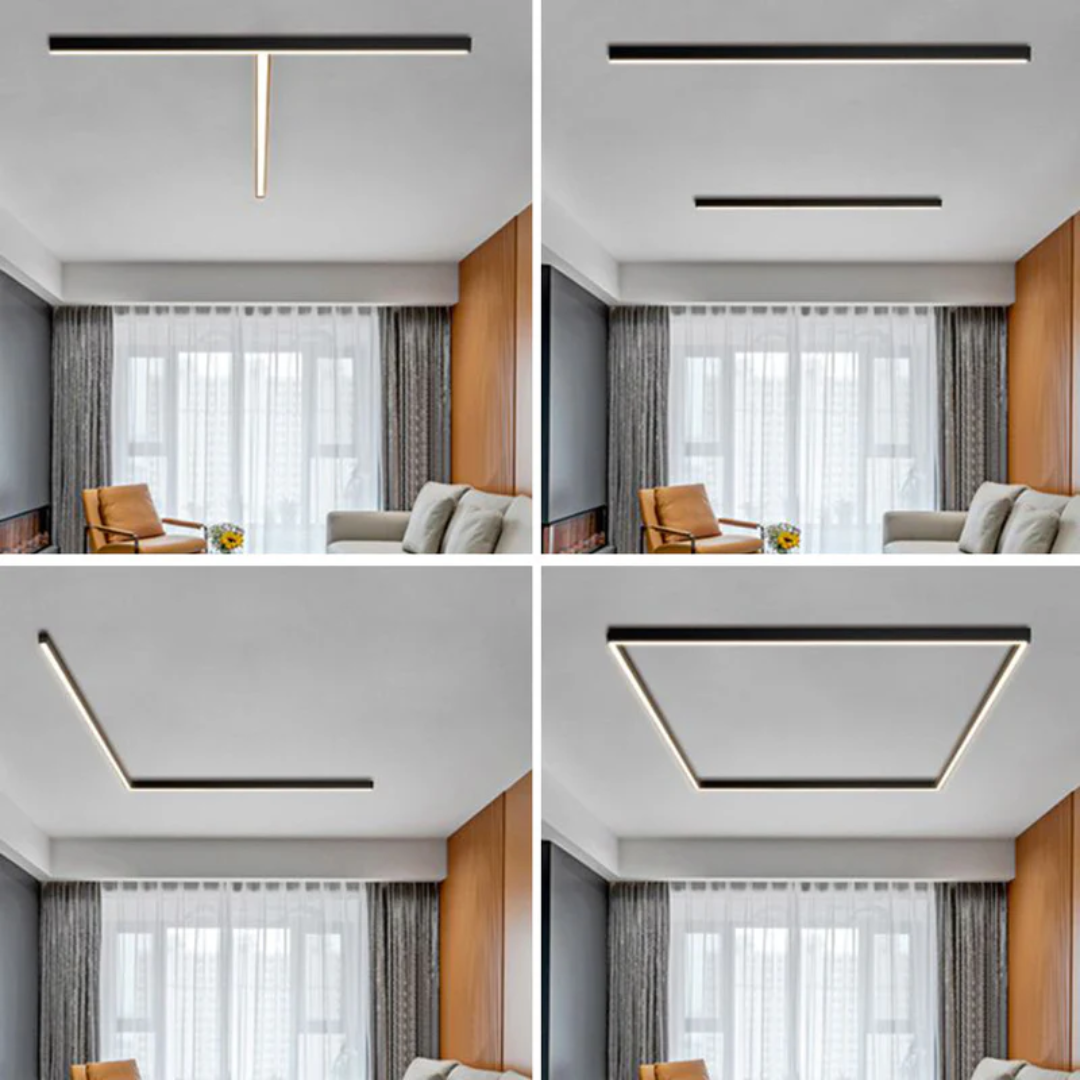 Sleek black industrial linear LED ceiling light, dimmable, energy-efficient for modern interiors.