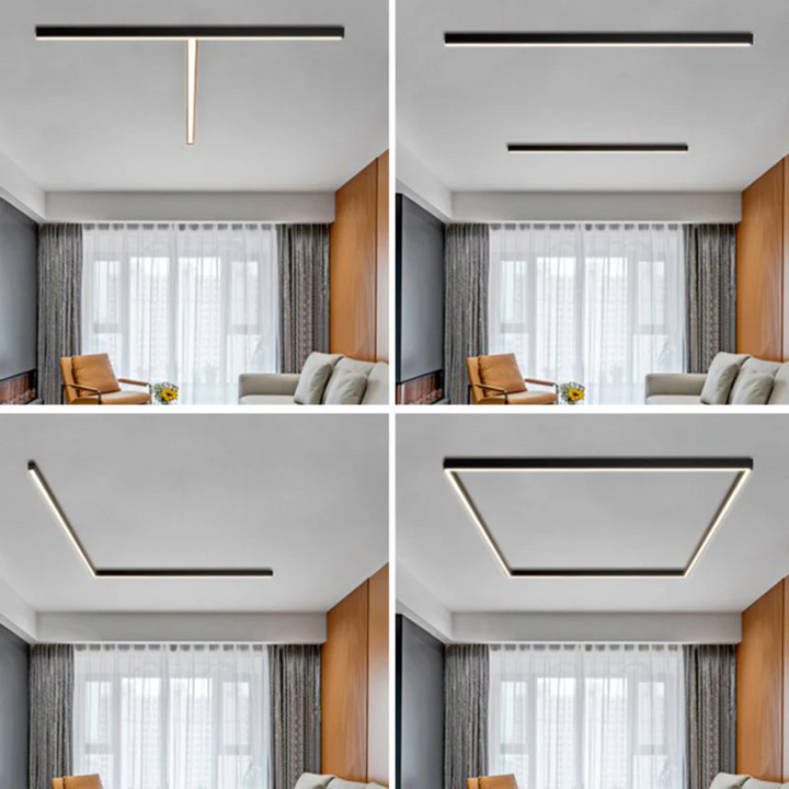 Sleek black industrial linear LED ceiling light, dimmable, energy-efficient for modern interiors.