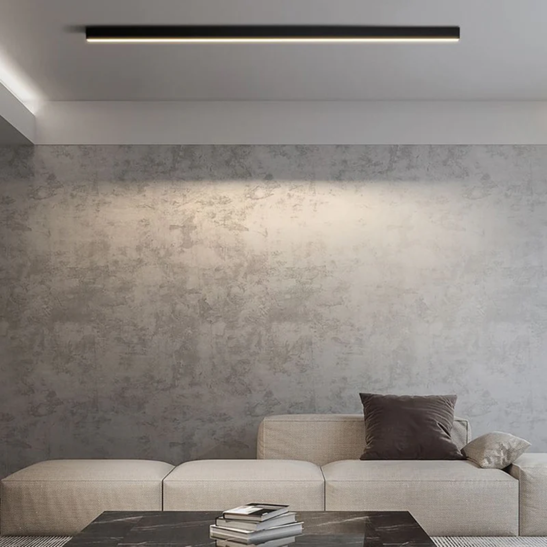 Contemporary linear metal LED ceiling fixture, ideal for kitchen or dining room modern lighting.