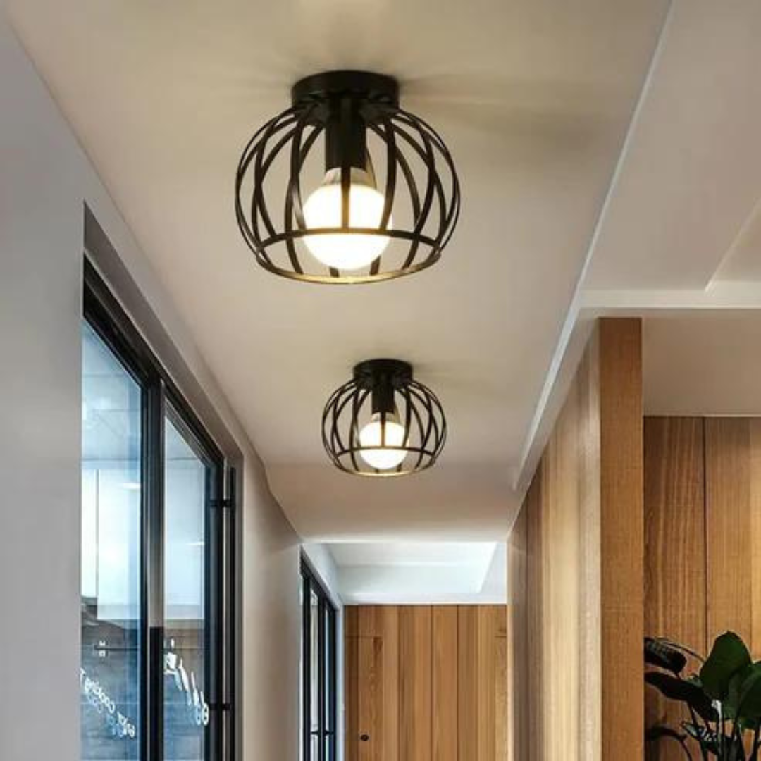 Modern industrial open design ceiling light with black metal fixture. Perfect contemporary home decor lighting.