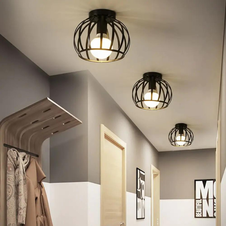 Dimmable industrial open design ceiling light, black fixture. LED compatible modern lighting for home decor.